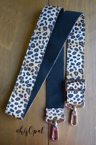 Hand Made Purse Strap, "Leopard" Black Back, Adjustable Strap 26 to 44 inches