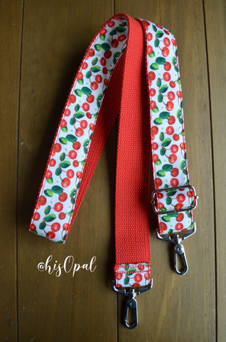 Hand Made Adjustable Purse Strap, Cherries, Red Back, 26 to 45 inches