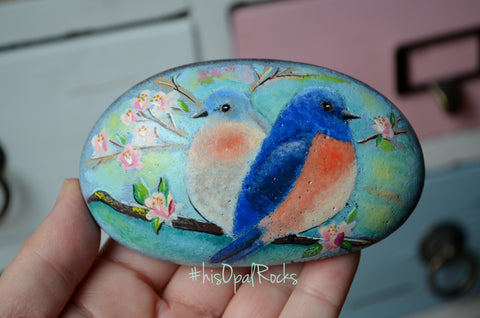 Bird Painted Rock, Hand Painted Stone, Bird Watching, Bird Art, Eastern Bluebird couple