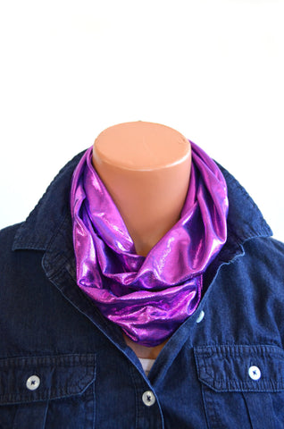 Infinity Scarf Short Metallic Hot Pink over Purple Lightweight Layering Ascot Cravat