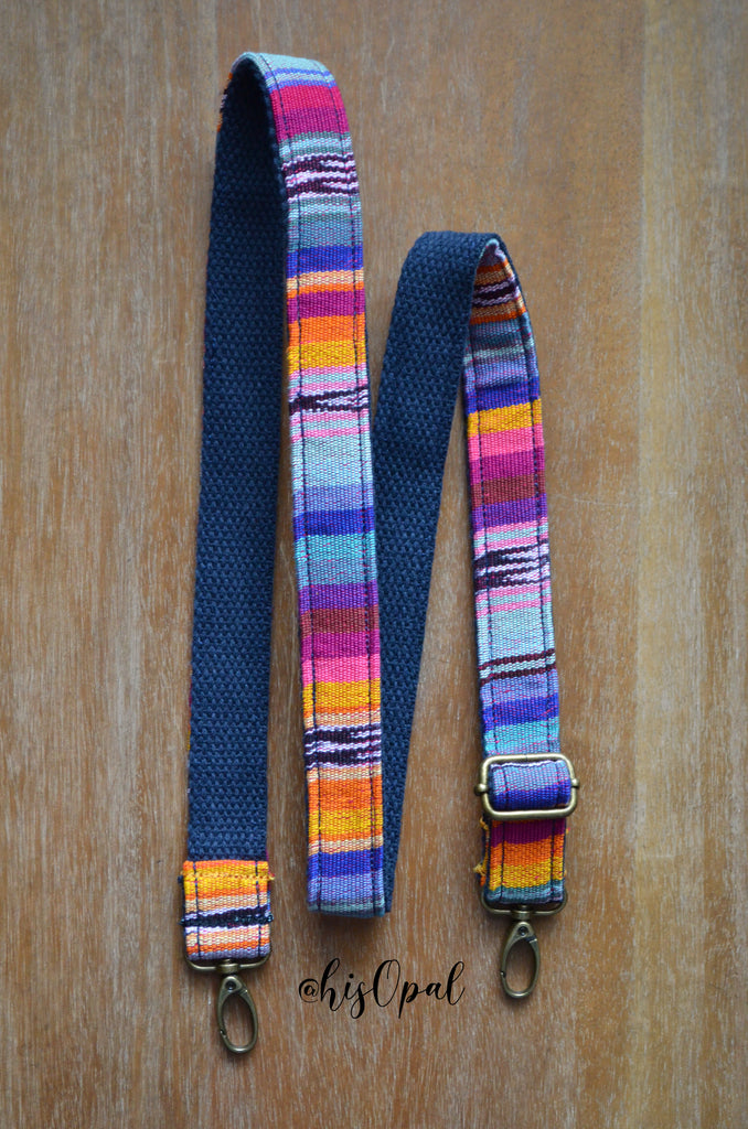 Hand Made Purse Strap, Adjustable Skinny Strap 1 inch wide "Agave Sunset" Navy or Yellow Back, approx. 25 to 45 inches