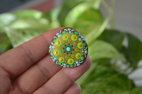 Cute Fridge Magnet, Hand Painted Rock, Green Mandala Magnet, Refrigerator Magnet