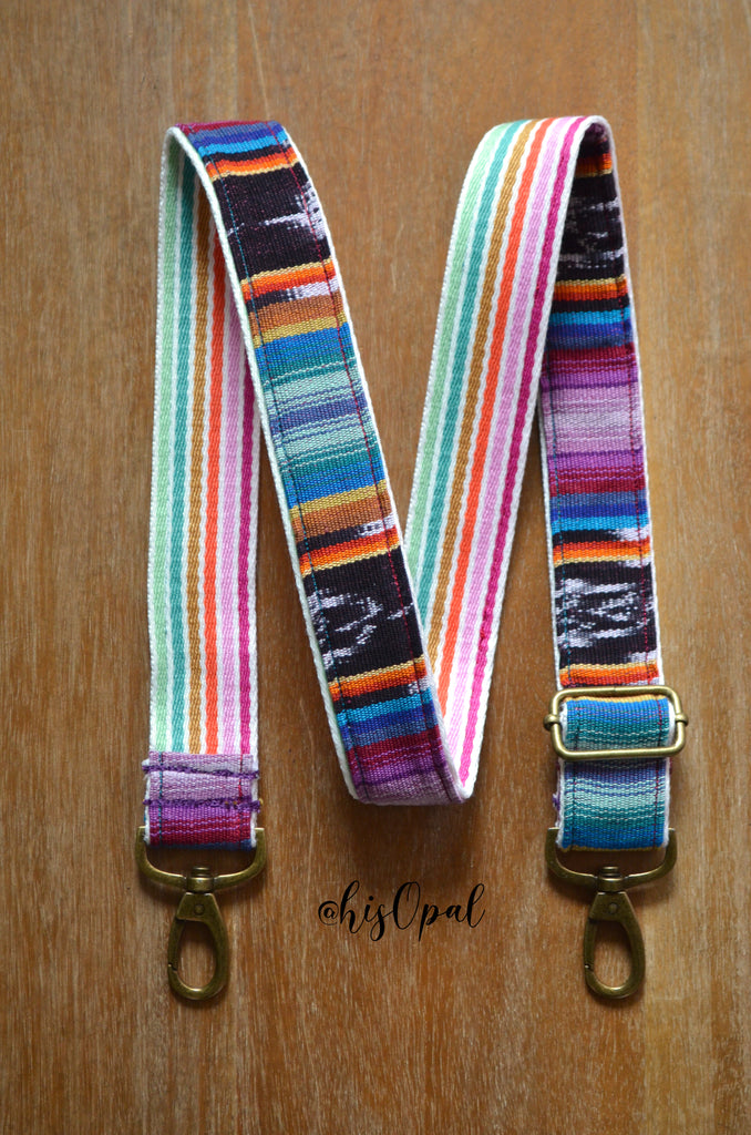 Hand Made Purse Strap, "Bird of Paradise" Striped Rainbow Back, Adjustable Strap, approx. 26.5 to 45 inches