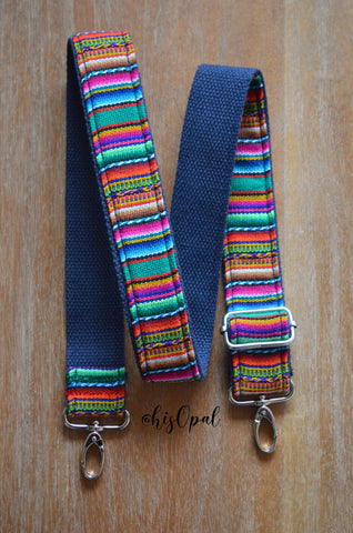 Hand Made Purse Strap, "Fiesta" Navy Back, Adjustable Strap, 24 to 41 inches