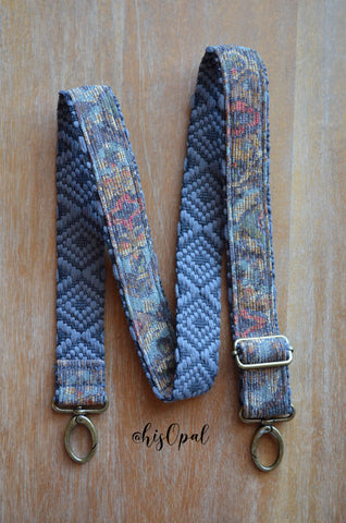 Hand Made Adjustable Purse Strap, Grey Jacquard, Grey Diamond Back, 28.5 to 49 inches