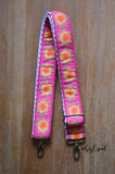 Hand Made Purse Strap, Raspberry Marigolds, Rainbow Chevron Back, Cross Body Adjustable Strap, 26 to 45 inches