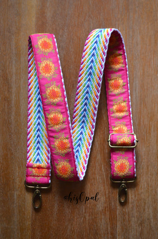 Hand Made Purse Strap, Raspberry Marigolds, Rainbow Chevron Back, Cross Body Adjustable Strap, 26 to 45 inches