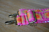 Hand Made Purse Strap, Raspberry Marigolds, Rainbow Chevron Back, Cross Body Adjustable Strap, 26 to 45 inches