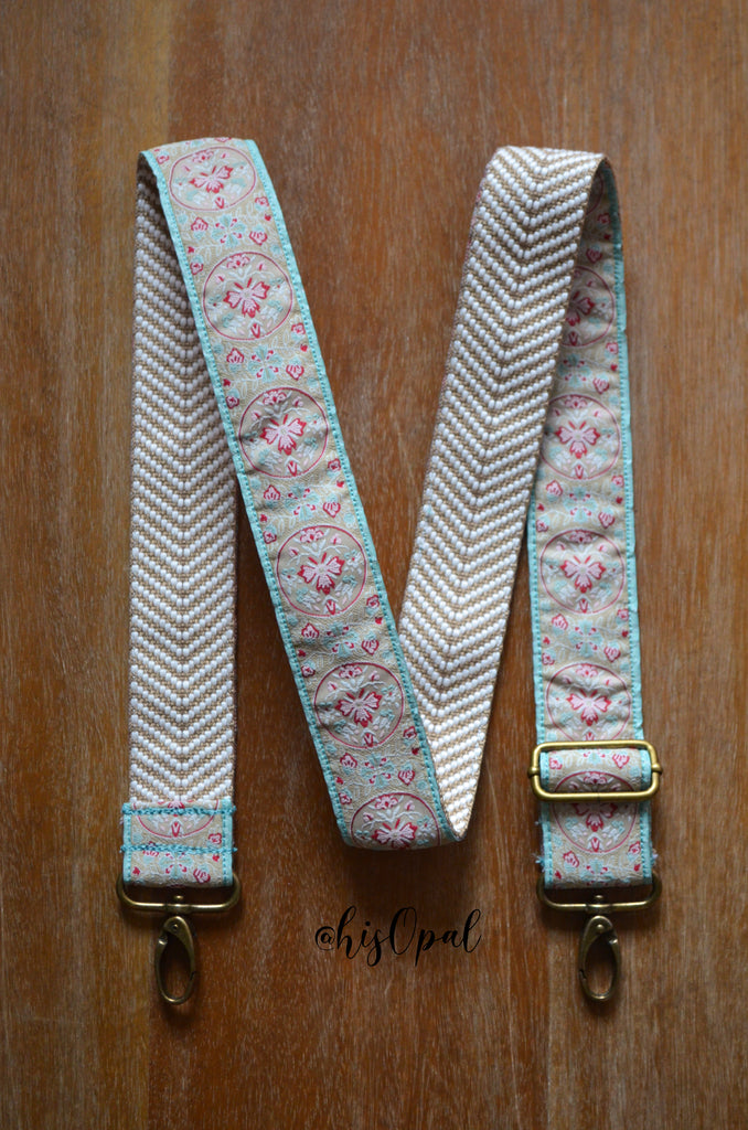 Hand Made Purse Strap, Pastel Teal on Tan Chevron Back, Adjustable Cross Body Strap, 26.5 to 46 inches