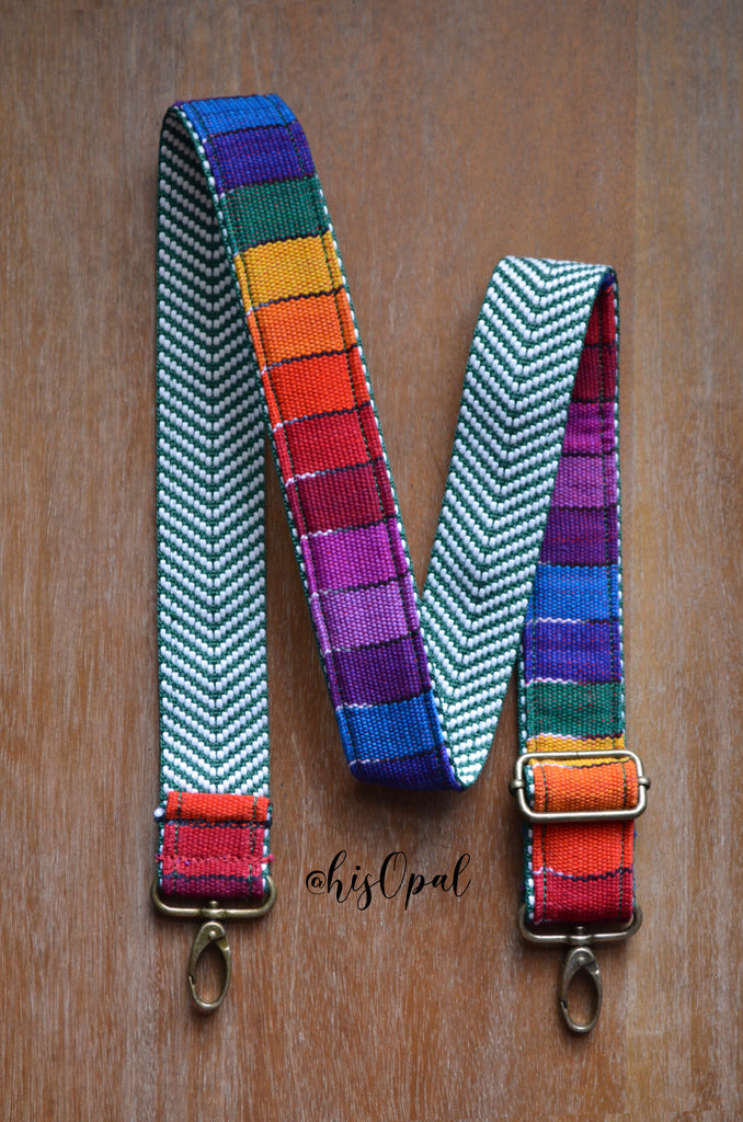Adjustable Purse Strap, "Primary Rainbow" on Green Chevron back, approx. 25 to 42 inches long, hand made purse strap