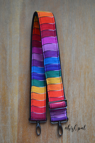 TWO INCH WIDE Extra Long Adjustable Purse Strap, "Primary Rainbow" on black, 31.5 to 54 inches long, hand made purse strap
