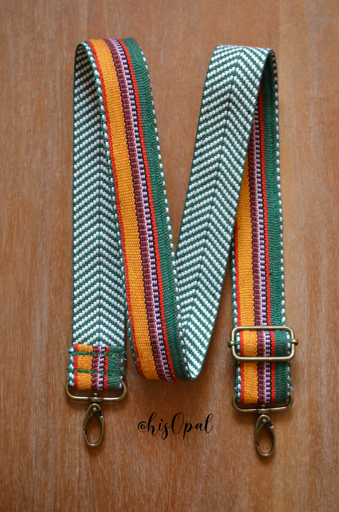 Hand Made Purse Strap, "Tropical Stripes" Green Chevron Back, Adjustable Strap 26 to 44.5 inches