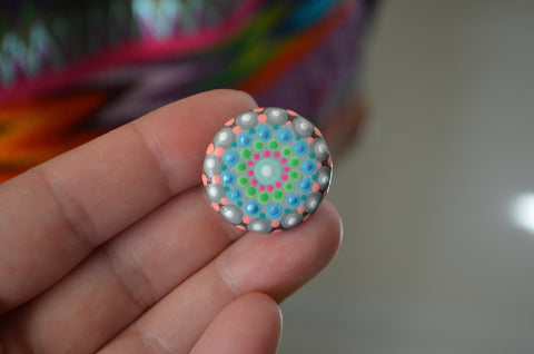 Cute Fridge Magnet, Hand Painted Rock, Blue Pink Mandala Magnet, Refrigerator Magnet