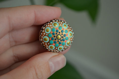 Coral and Teal Painted Rock Mandala, Mini Mandala Magnet, Refrigerator Magnet, Kitchen Decor