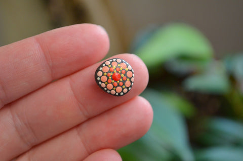 Cute Fridge Magnet, Hand Painted Rock, Red Mandala Magnet, Tiny Refrigerator Magnet