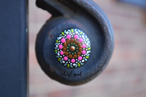 Pink and Green Painted Rock Mandala, Mini Mandala Magnet, Refrigerator Magnet, Kitchen Decor