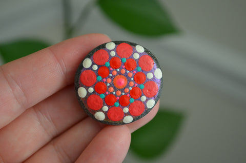 Cute Fridge Magnet, Hand Painted Rock, Red Mandala Magnet, Refrigerator Magnet