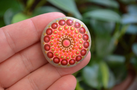 Cute Fridge Magnet, Hand Painted Rock, Red Mandala Magnet, Refrigerator Magnet