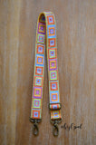 Hand Made Purse Strap, Adjustable Skinny Strap 1 inch wide "Rainbow Blocks" Yellow Back, approx. 26.5 to 46.5 inches