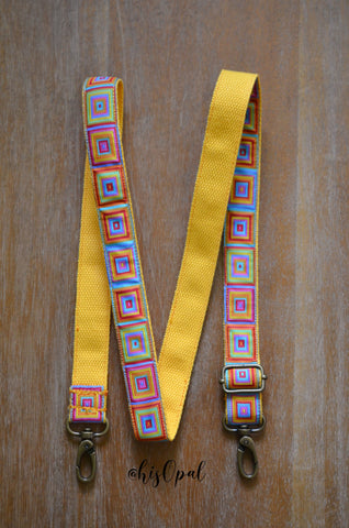 Hand Made Purse Strap, Adjustable Skinny Strap 1 inch wide "Rainbow Blocks" Yellow Back, approx. 26.5 to 46.5 inches