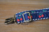 Hand Made Purse Strap, EXTRA LONG Skinny Strap 1 Inch Wide "Navy Cherries" Chevron Back, Adjustable Strap, approx. 31.5 to 56 inches