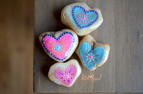 Painted Rock Hearts, Set of 4 Hand Painted Rocks, Mandala Painted Hearts, Love Amulet