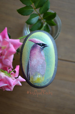 Bird Painted Rock, Hand Painted Stone, Bird Watching, Bird Art, Cedar Waxwing, Bird Art