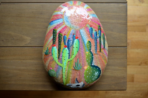 Painted Rock Desert, Cactus Rock, Cactus Garden, Hand Painted Rock, Southwestern Patio Decor