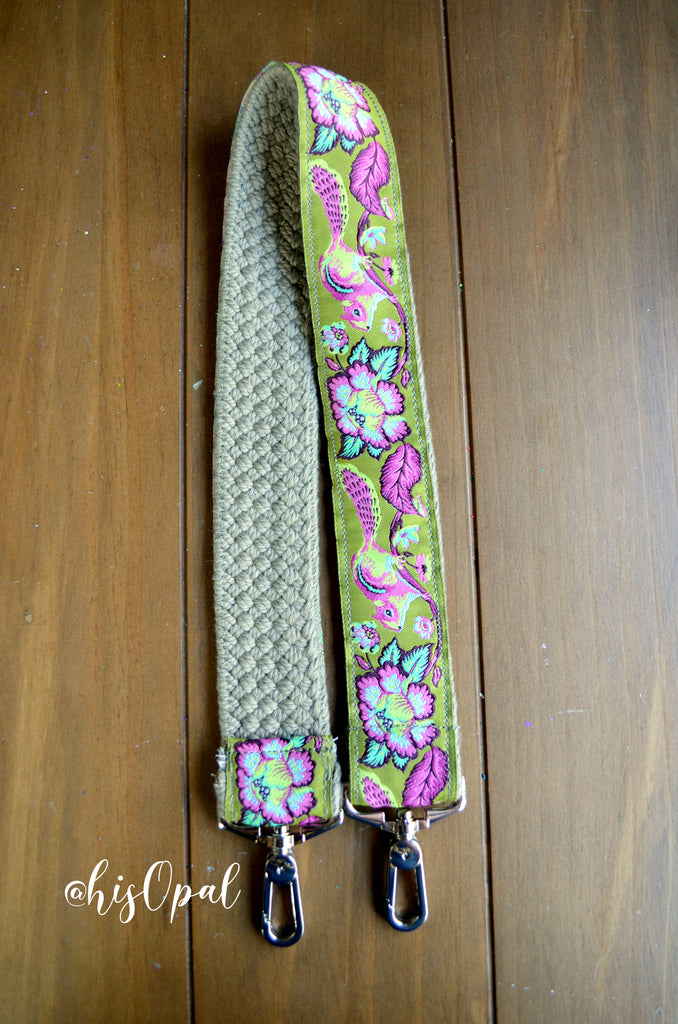 Hand Made Purse Strap, Green "Chippy" Khaki Back, Over the Shoulder Strap, 26 inches