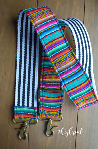 Hand Made Purse Strap, 2 inch wide, "Fiesta" Black and White Striped Back, Adjustable Strap, 24 to 42 inches