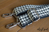 Hand Made Adjustable Purse Strap, Houndstooth Print, Black Back, 24.5 to 42 inches