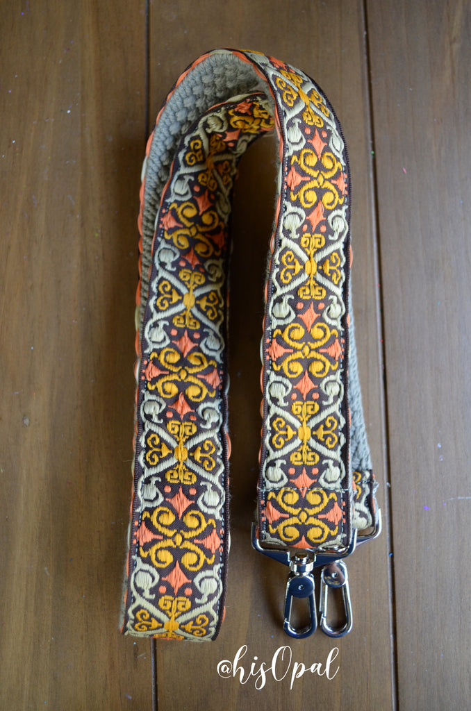 Hand Made Purse Strap, Boho Floral Print, Khaki Back, Cross Body Strap, 42.5 inches