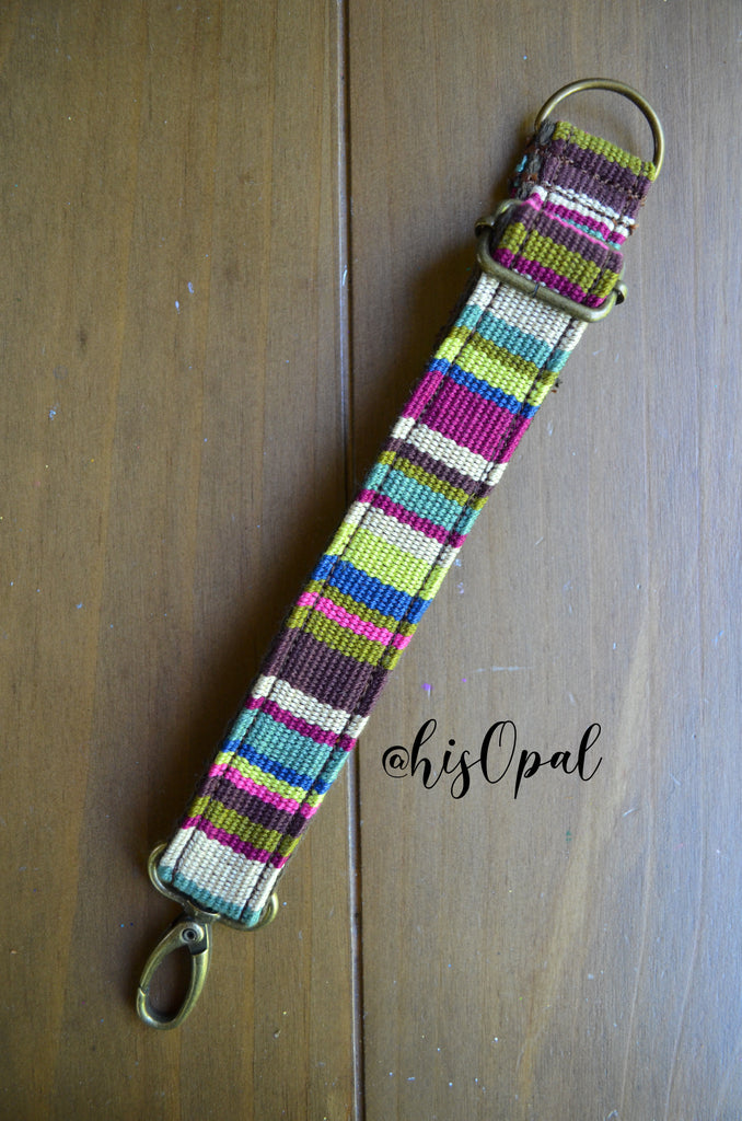 Hand Made Adjustable Purse Strap Extender, Lime Stripes, Brown Back, 9.5 to 14.5 inches
