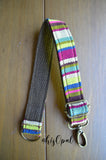 Hand Made Adjustable Purse Strap Extender, Lime Stripes, Brown Back, 9.5 to 14.5 inches