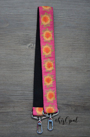 Hand Made Purse Strap, "Marigolds" Black Back, Over the Shoulder Strap, 27 inches