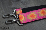 Hand Made Purse Strap, "Marigolds" Black Back, Over the Shoulder Strap, 27 inches