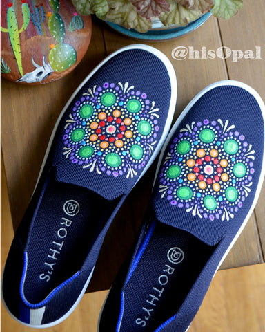 Hand Painted Rainbow Mandala Rothy's, Painted Shoes, Slip On Sneakers, Size 9, (canvas section)