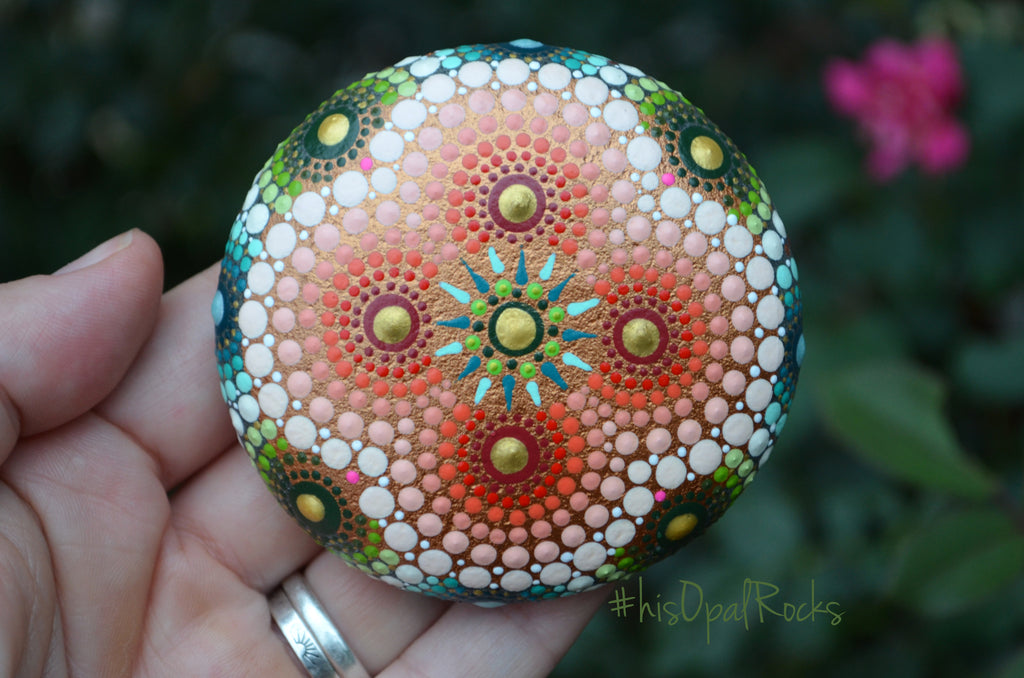Copper Sun Mandala, Hand Painted Rock, Mandala Stone, Mandala Paperweight, Gift for Her