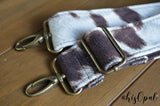 Hand Made Adjustable Purse Strap, Cow Hair Print, Brown Back, 26.5 to 45 inches