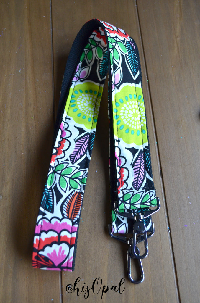 Hand Made Purse Strap, Floral Print, Black Back, Cross Body Strap, 44.5 inches
