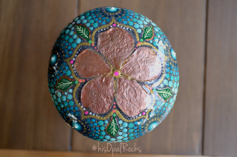 Flower Mandala Stone, Hand Painted Rock, Boho Decor, Hand Painted Stone, Real Flower Petals