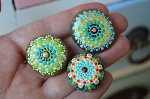 Set of Three, Cute Fridge Magnets, Painted Rock Magnets, Mini Mandala Magnets, Refrigerator Magnets