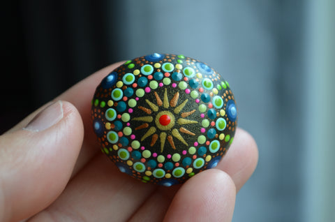Tiny Painted Rock, Small Mandala Stone, Hand Painted Rock, Pocket Stone, Sun Mandala