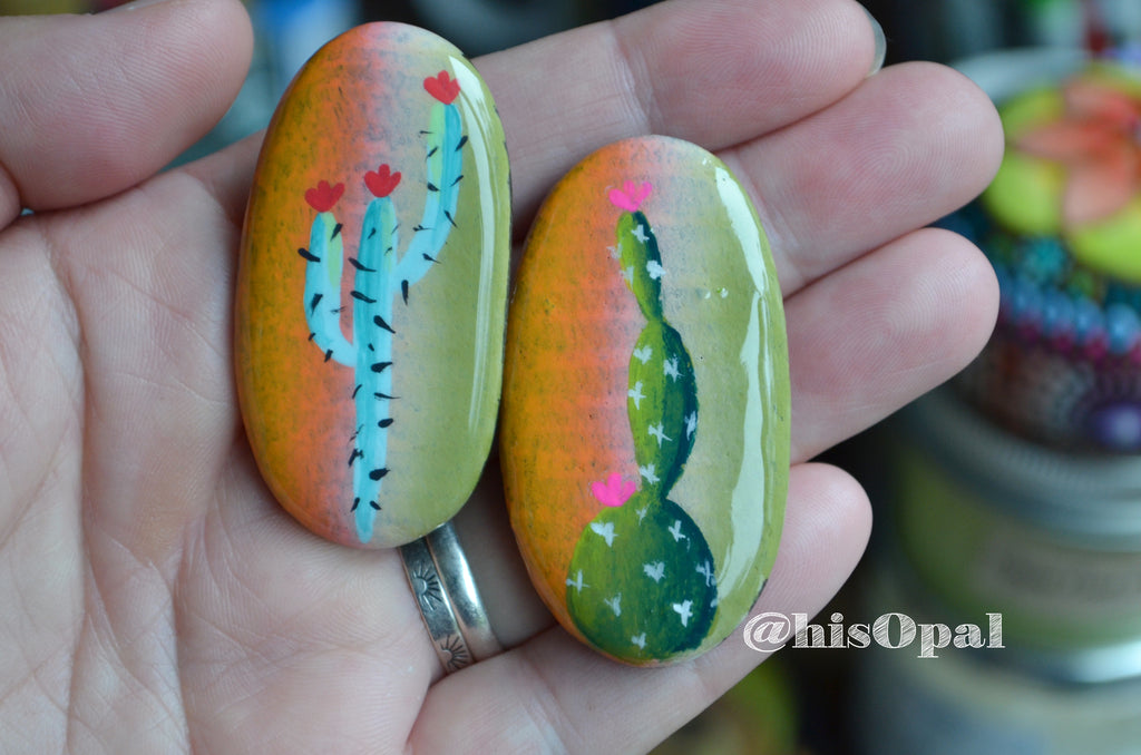 2 Cactus Fridge Magnets, Painted Rock Magnet, Cactus Magnet Set