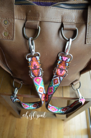 Hand Made Backpack Straps, "Arrowhead Sunkissed Aqua" on Brown Back, 1 inch wide, purse strap