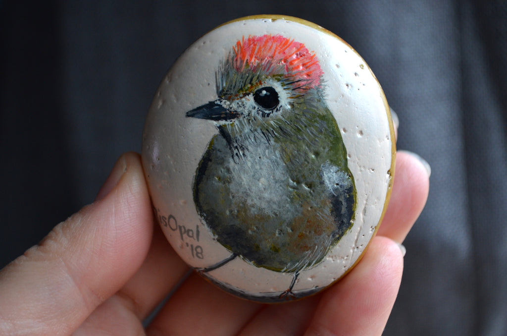 Ruby Crowned Kinglet Bird, Hand Painted Rock, Unique Gift, Bird Watcher Gift