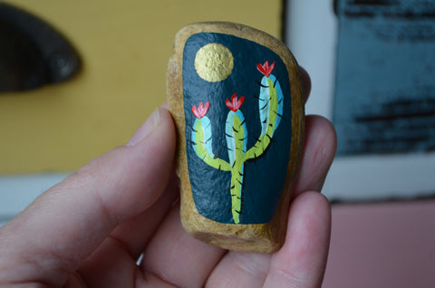 Painted Rock, Cactus Rock, Cactus Art, Hand Painted Rock Art, Southwestern Decor