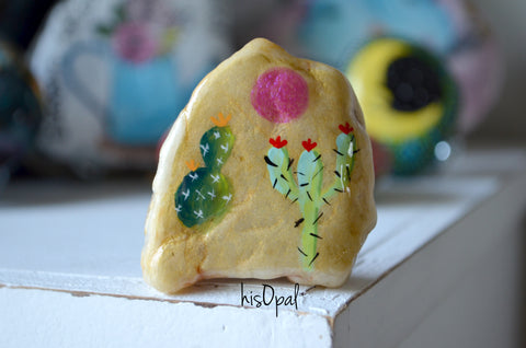 Cactus Painted Rock, Hand Painted Stone, Cactus Art, Resin Sealed Stone, Cacti Stone