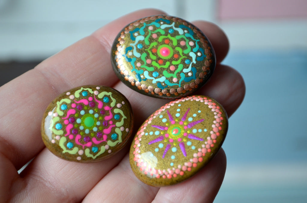 Cute Fridge Magnets, Hand Painted Rock, Mandala Magnets, 3 Refrigerator Magnets, Kitchen Decor