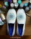 Hand Painted Teal Mandala Rothy's, Painted Shoes, Slip On Sneakers, Size 9.5, (canvas section)